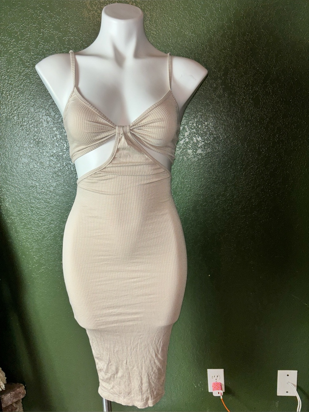 Beige Cutout Ribbed Bodycon Dress